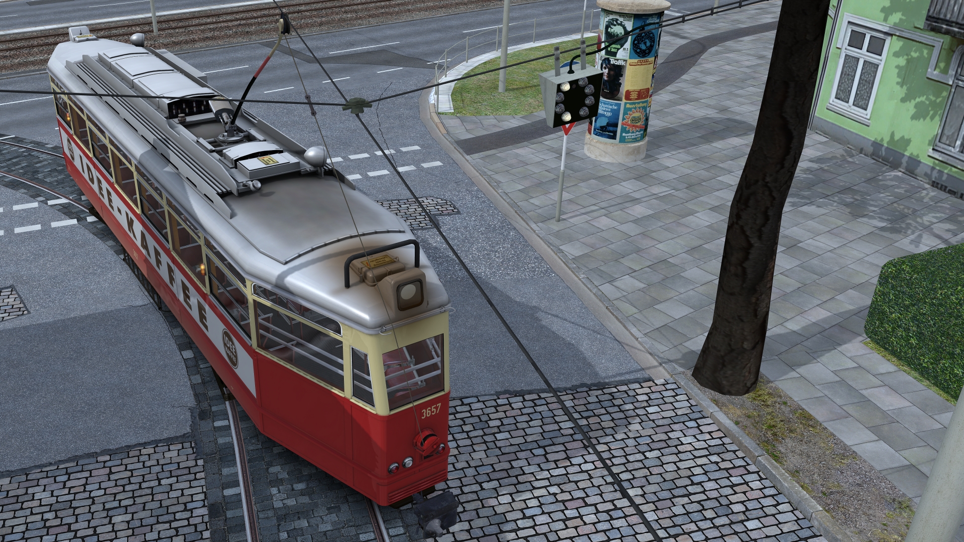 Abbiegende Straßenbahn und ein Lichtsignal